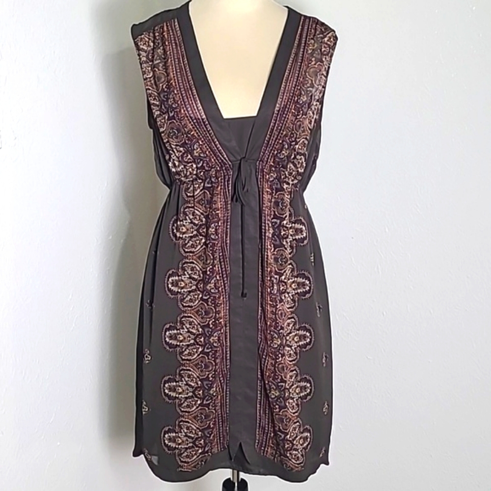 Merona Brown Bohemian Sleeveless High-Low Dress with Paisley Pattern, Size Large